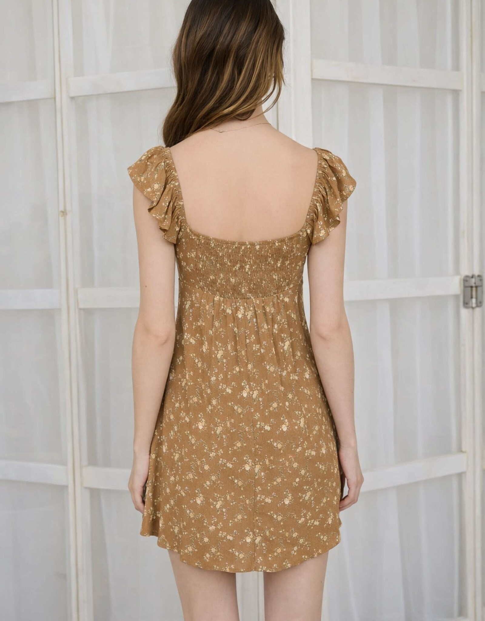 Blu Floral Front Cut-out With Tie Mini Dress-Camel