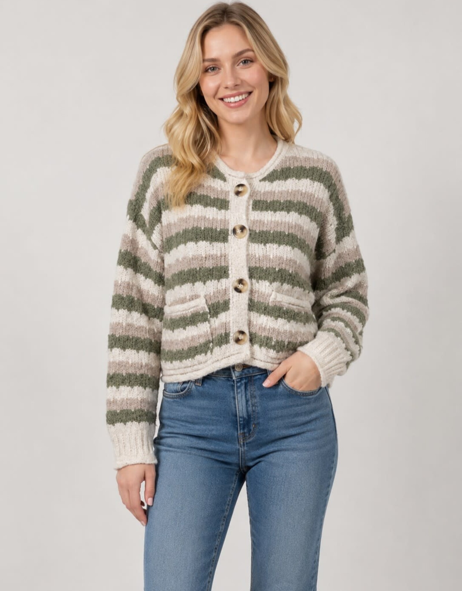 Miss Bliss Dream Tort Button Striped Cardi W Pockets-Olive