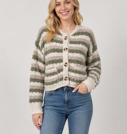Miss Bliss Dreamers Earthy Striped Knit Cardi-Olive