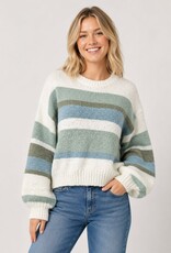 Miss Bliss Dream Semi Crop Striped Balloon Slv Pullover-Mint/Multi
