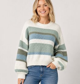 Miss Bliss Dreamers Semi Crop Striped Pullover-Mint/Multi