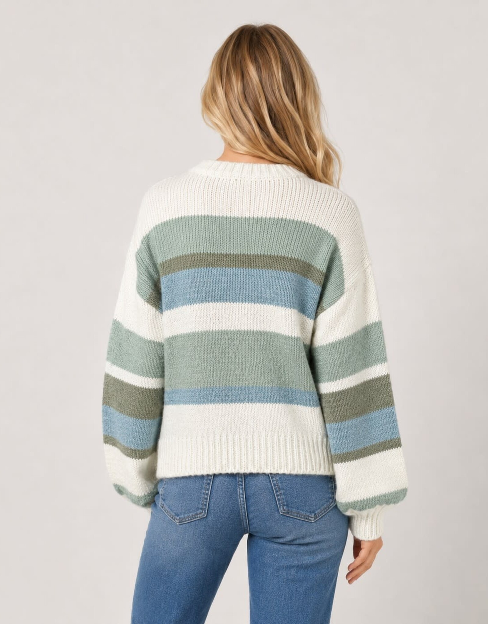 Miss Bliss Dream Semi Crop Striped Balloon Slv Pullover-Mint/Multi