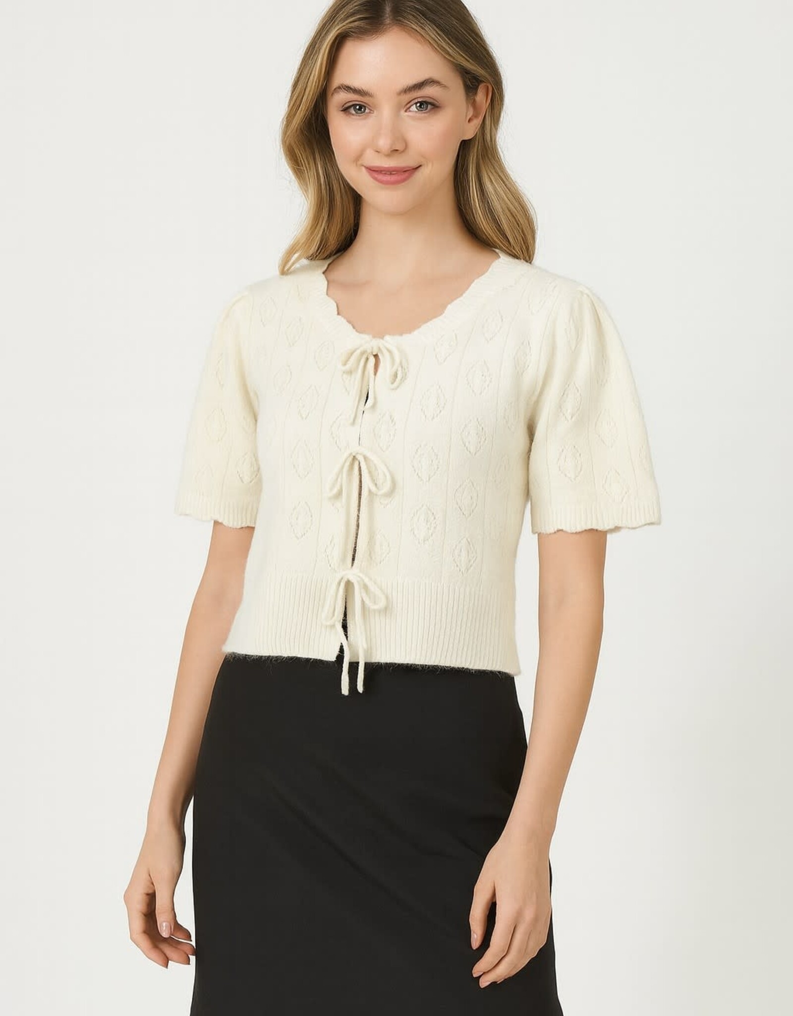Miss Bliss Dream Delicate Tie-front Pointelle Knit Top-Ivory