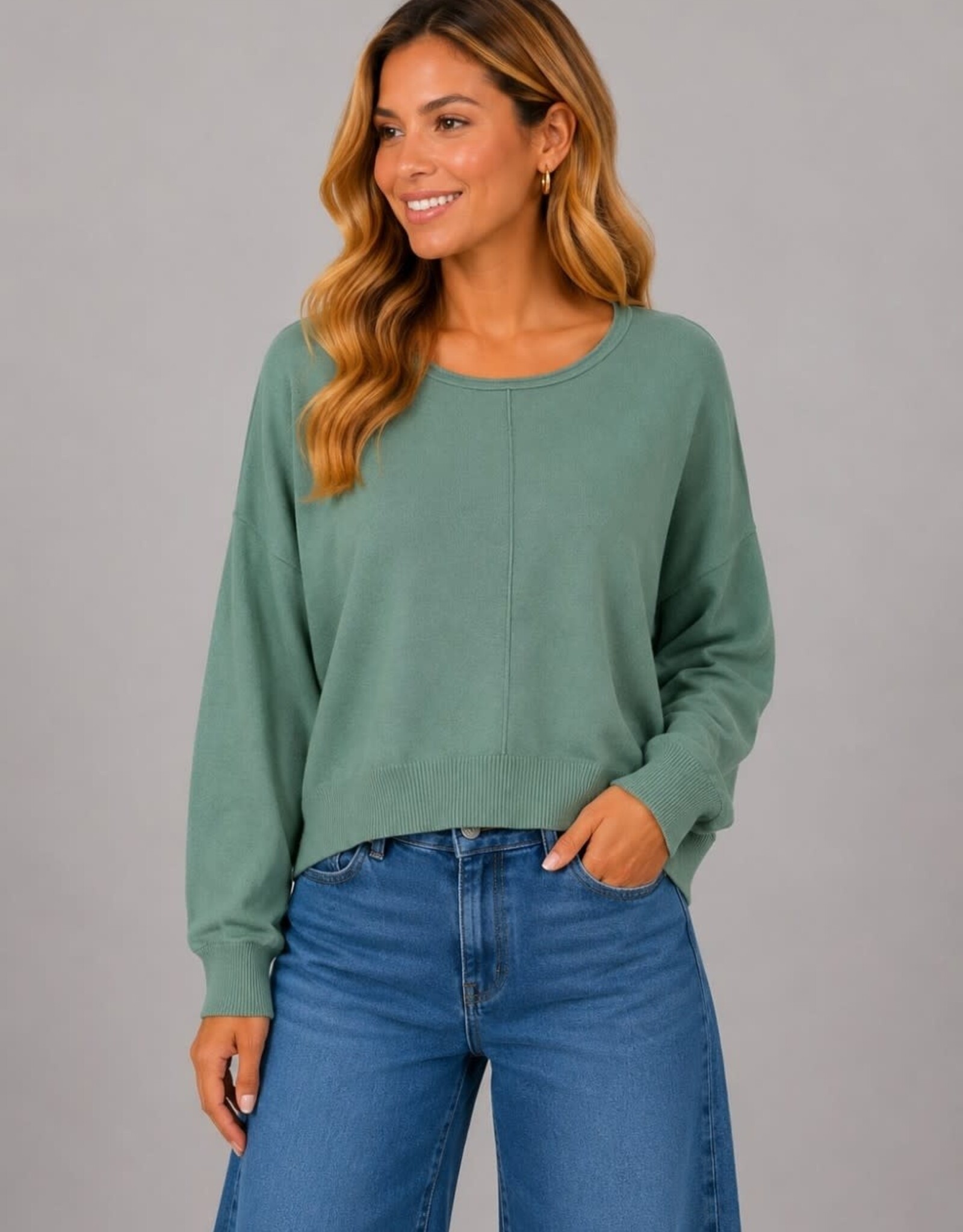 Miss Bliss Dream Front Seam Round Neck Pullover-Chive