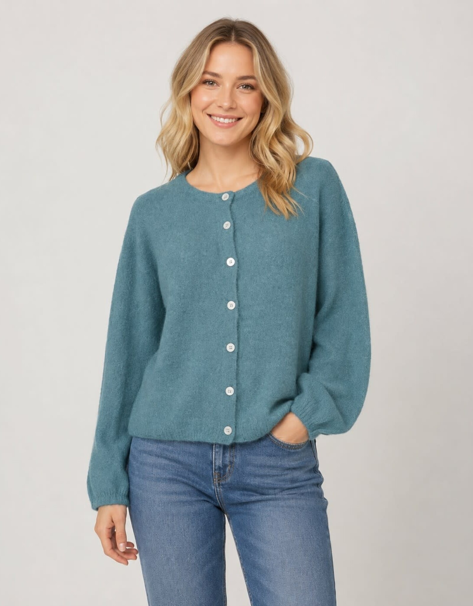 Miss Bliss Dream Subtle Puff Slv Crew Button-Up Cardigan-Teal