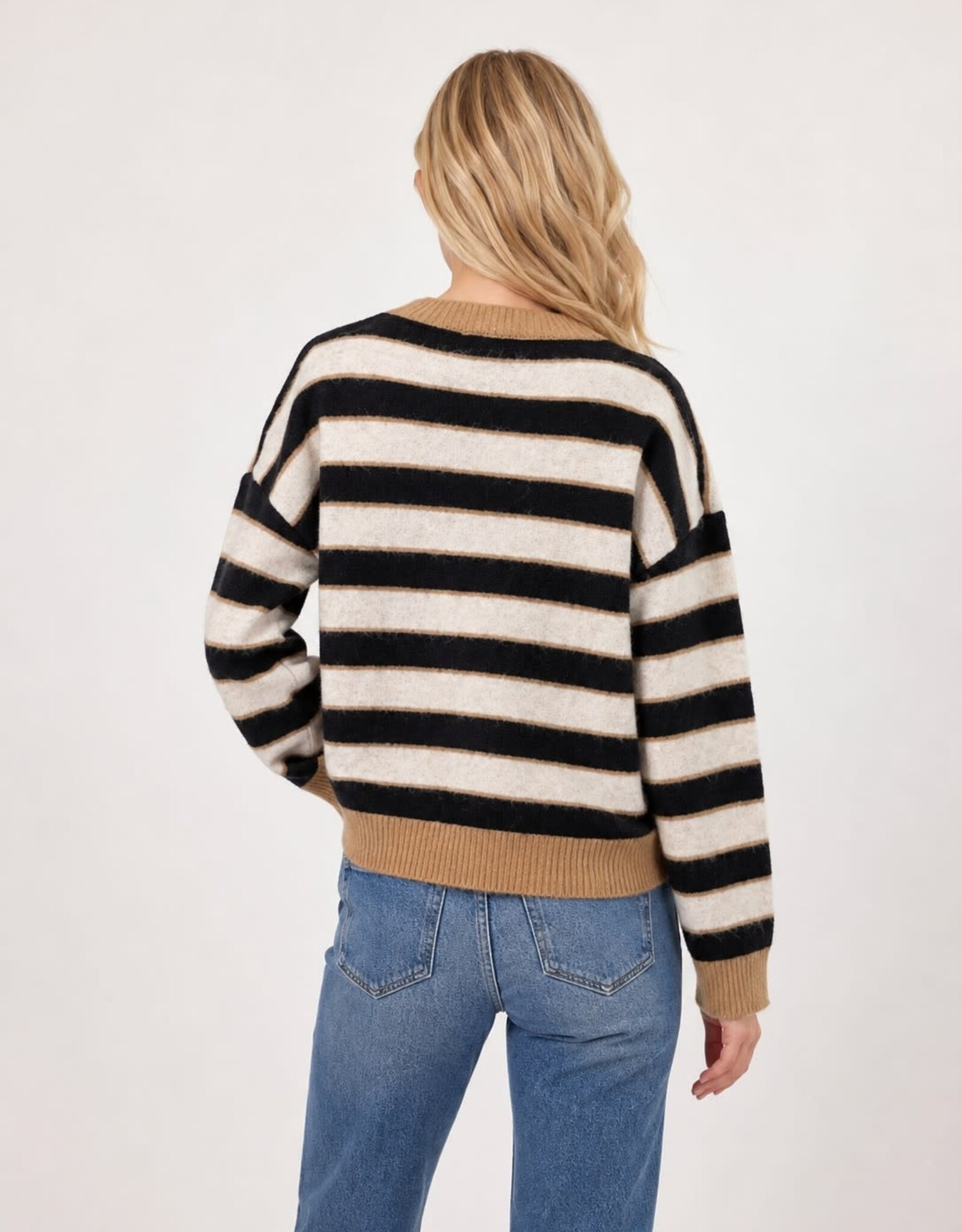 Miss Bliss Dream Wool Blend Striped Pullover W Contrast Hems-Camel