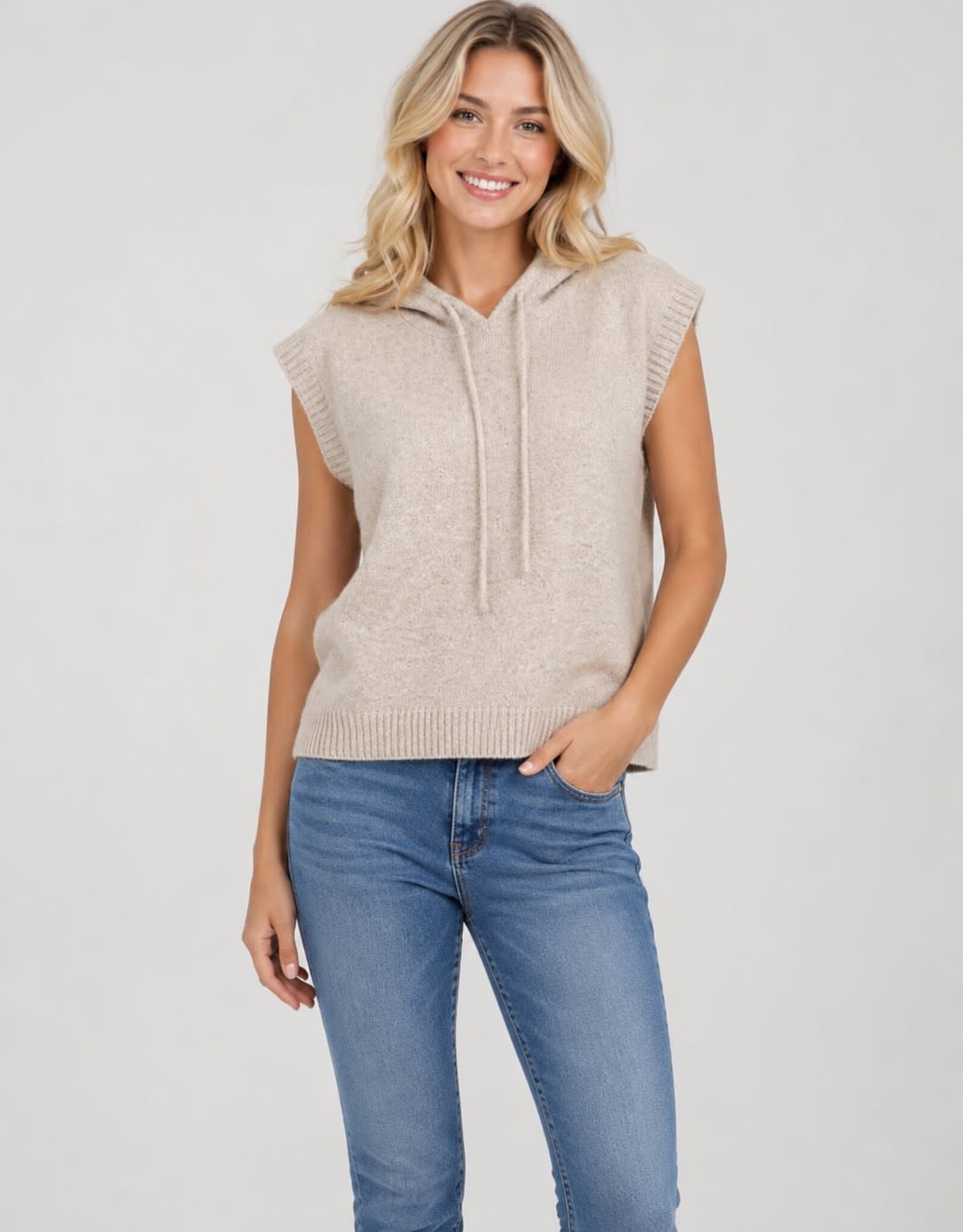 Miss Bliss Dream Draw String SS Hoodie Sweater Vest-Taupe