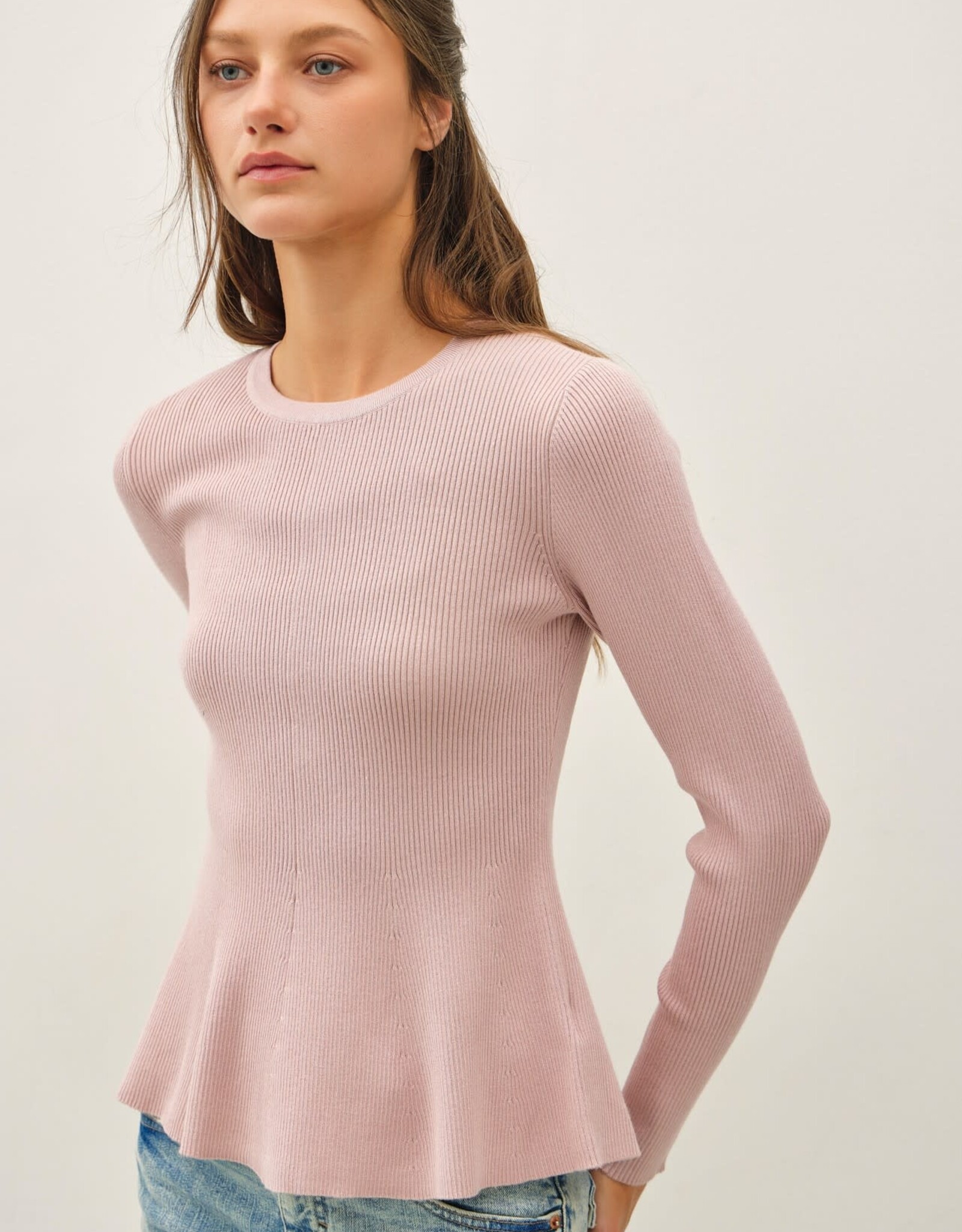 Miss Bliss BC Peplum Ribbed Sweater Top- Blush