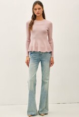 Miss Bliss BC Peplum Ribbed Sweater Top- Blush