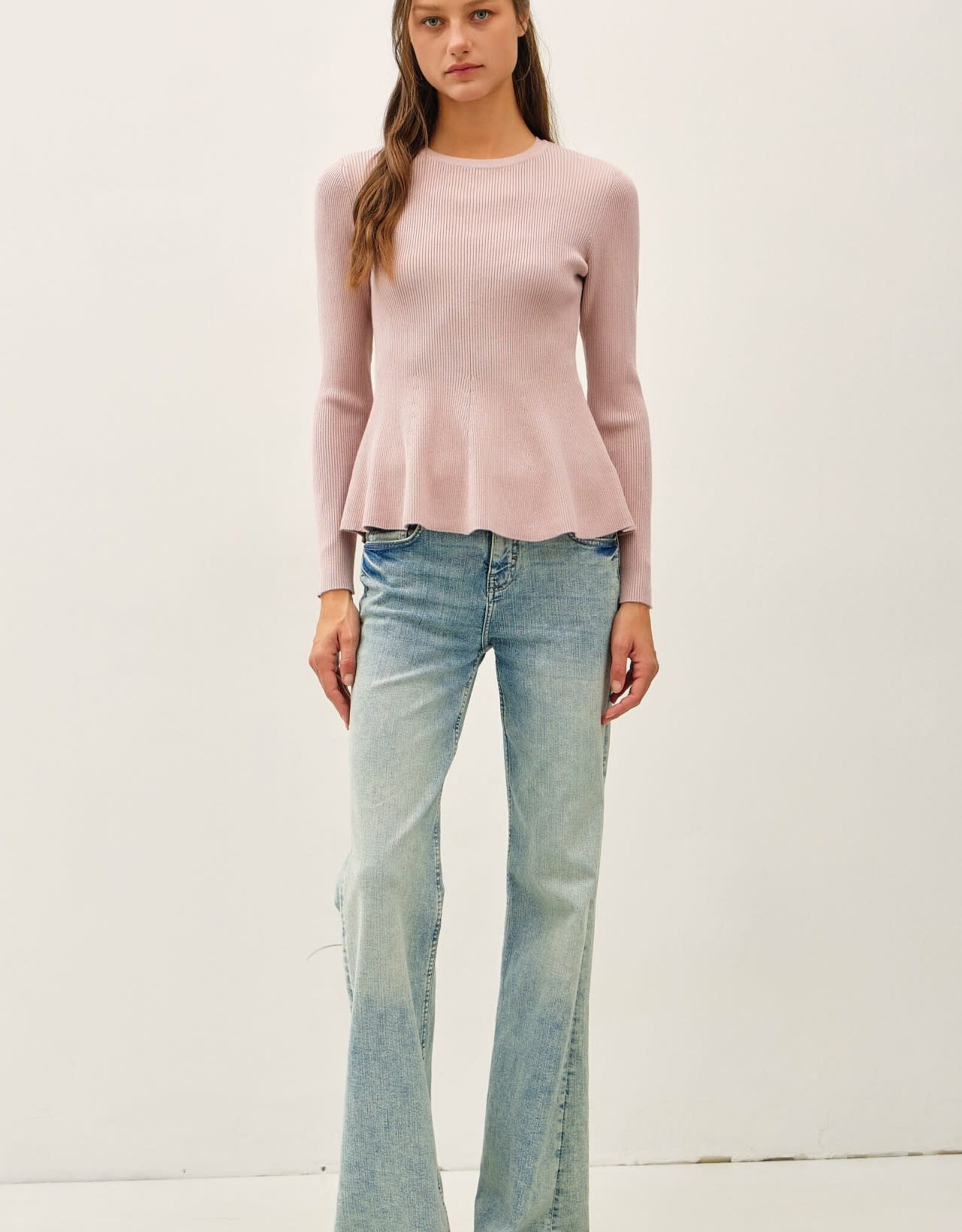 Miss Bliss BC Peplum Ribbed Sweater Top- Blush