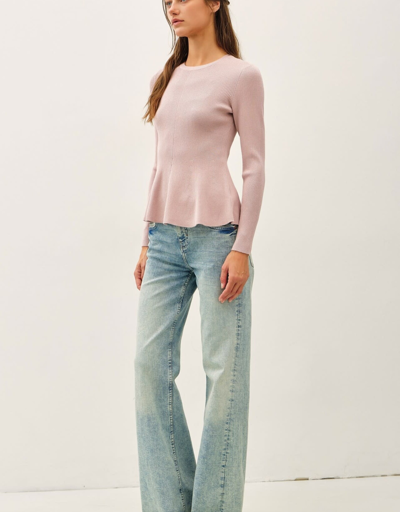 Miss Bliss BC Peplum Ribbed Sweater Top- Blush