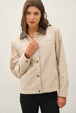 Miss Bliss BC Garment Washed Leather Collar Barn Jacket- Beige