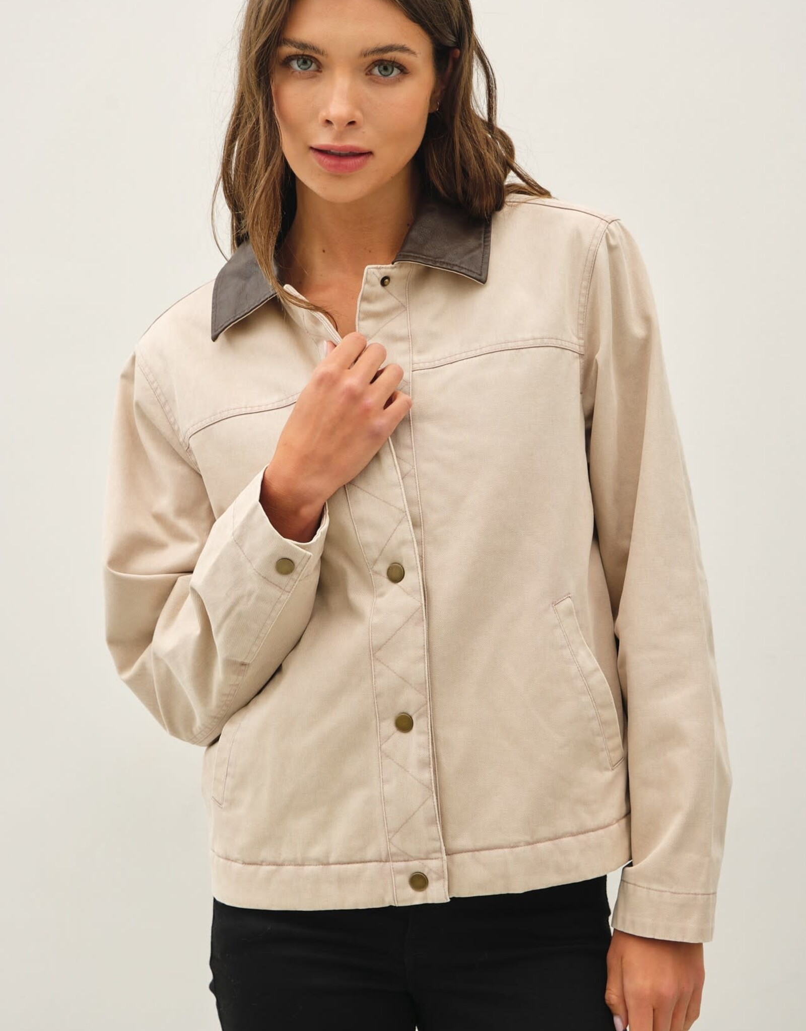 Miss Bliss BC Garment Washed Leather Collar Barn Jacket- Beige