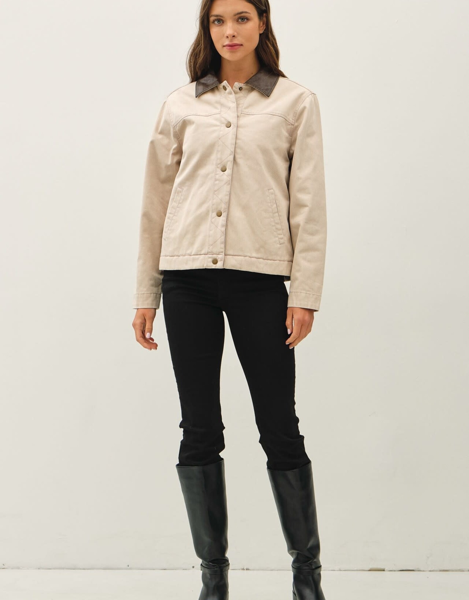 Miss Bliss BC Garment Washed Leather Collar Barn Jacket- Beige