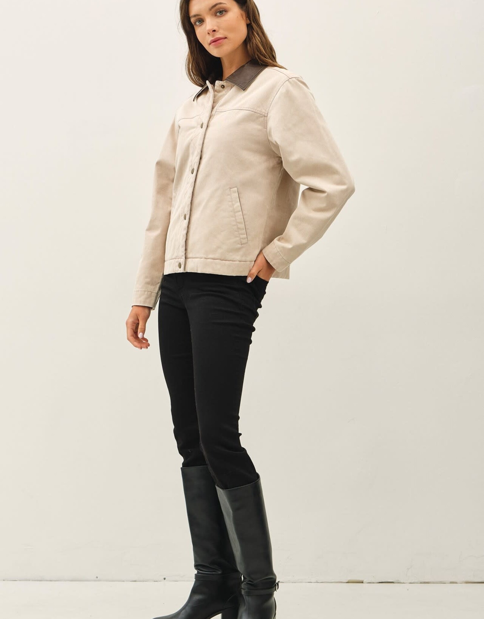 Miss Bliss BC Garment Washed Leather Collar Barn Jacket- Beige