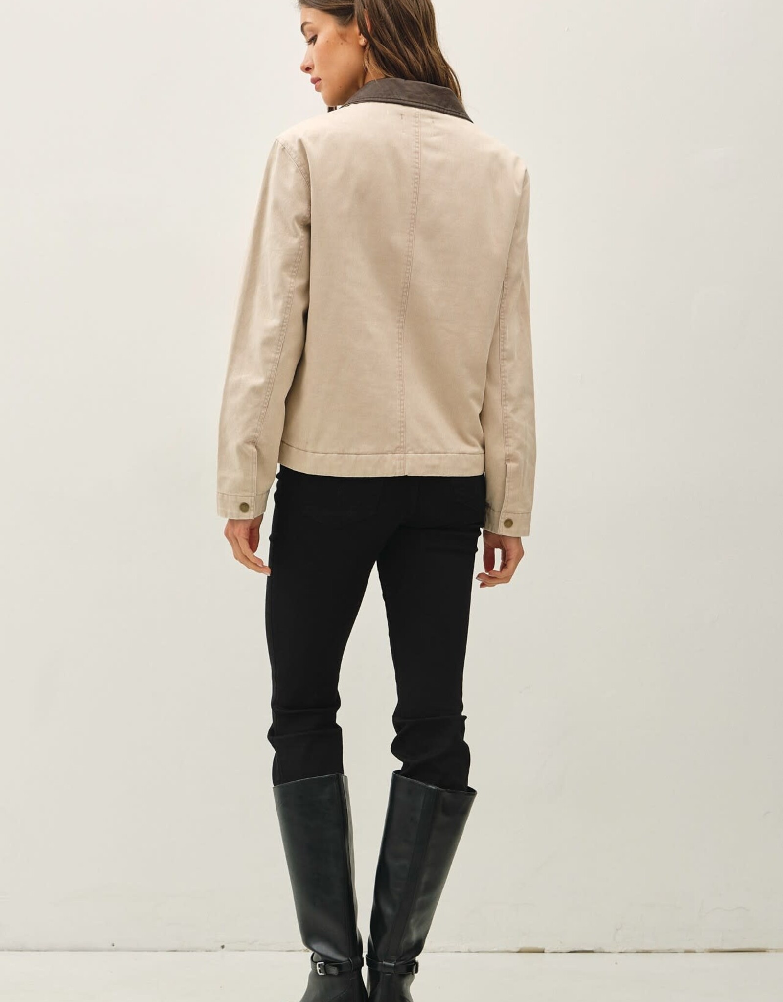 Miss Bliss BC Garment Washed Leather Collar Barn Jacket- Beige
