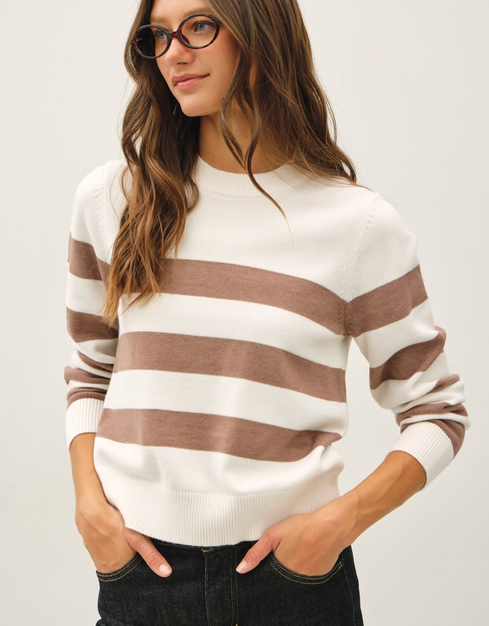 Miss Bliss BC Cropped Long Sleeve Large Stripe Sweater- Ivory/Mocha