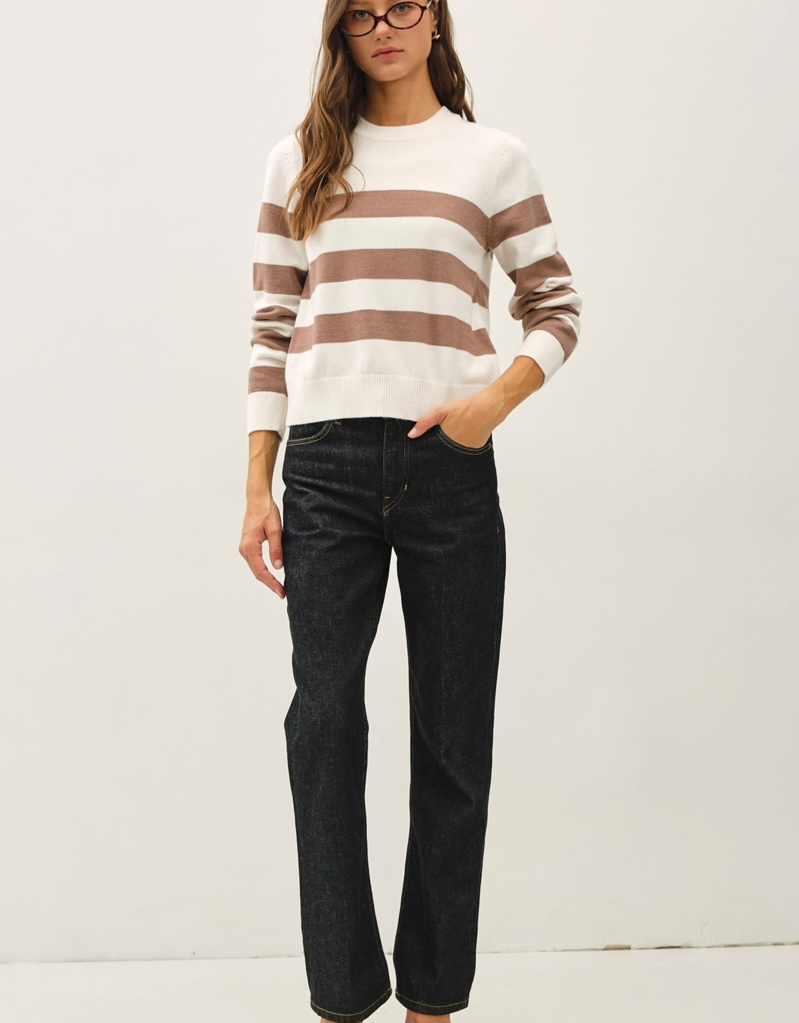 Miss Bliss BC Cropped Long Sleeve Large Stripe Sweater- Ivory/Mocha