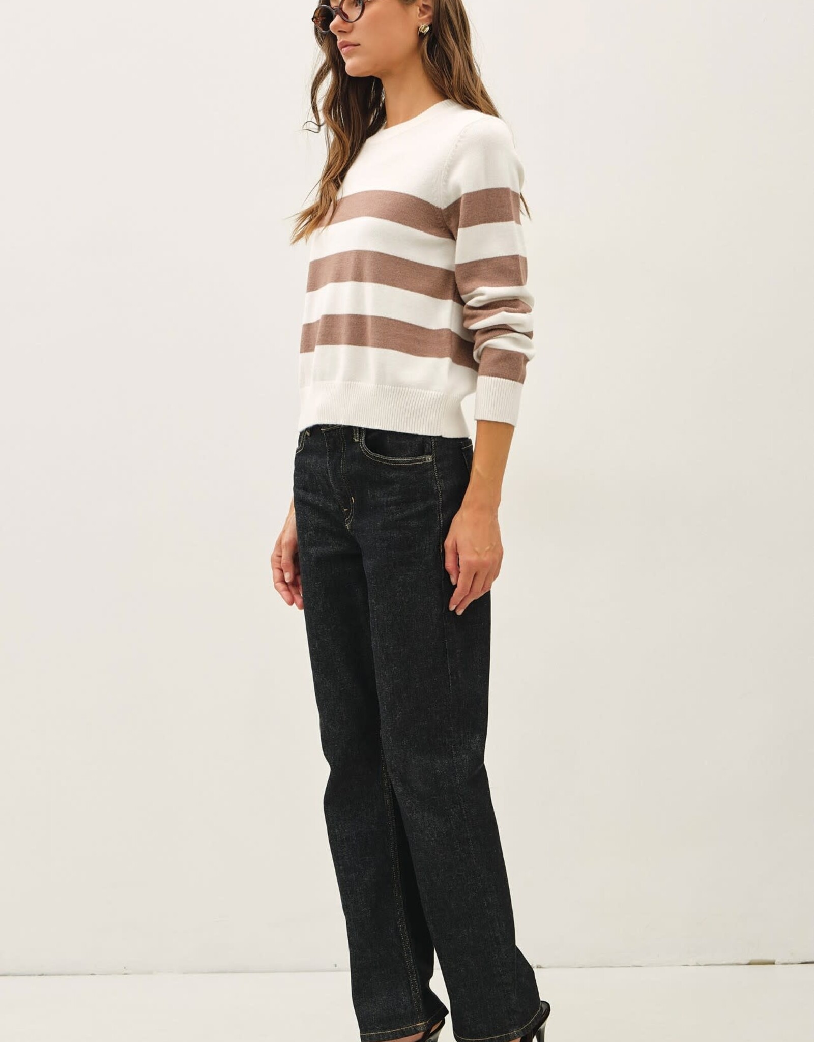 Miss Bliss BC Cropped Long Sleeve Large Stripe Sweater- Ivory/Mocha