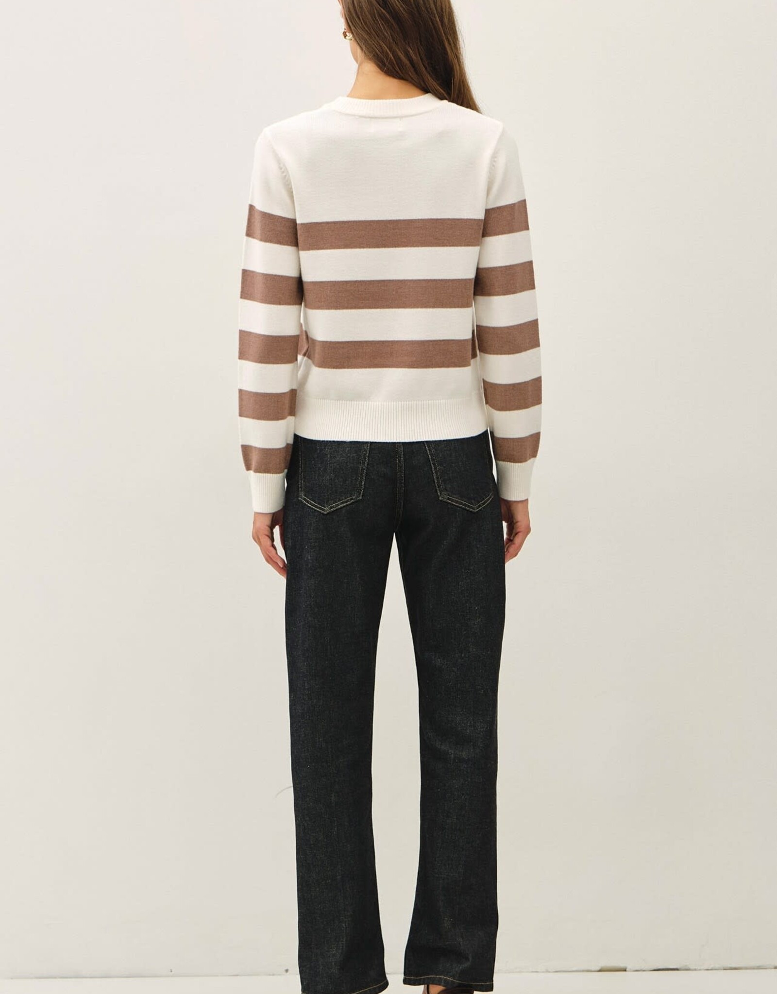 Miss Bliss BC Cropped Long Sleeve Large Stripe Sweater- Ivory/Mocha