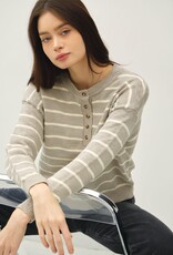 Miss Bliss BC Striped Cotton Slub Henley Sweater- Pebble