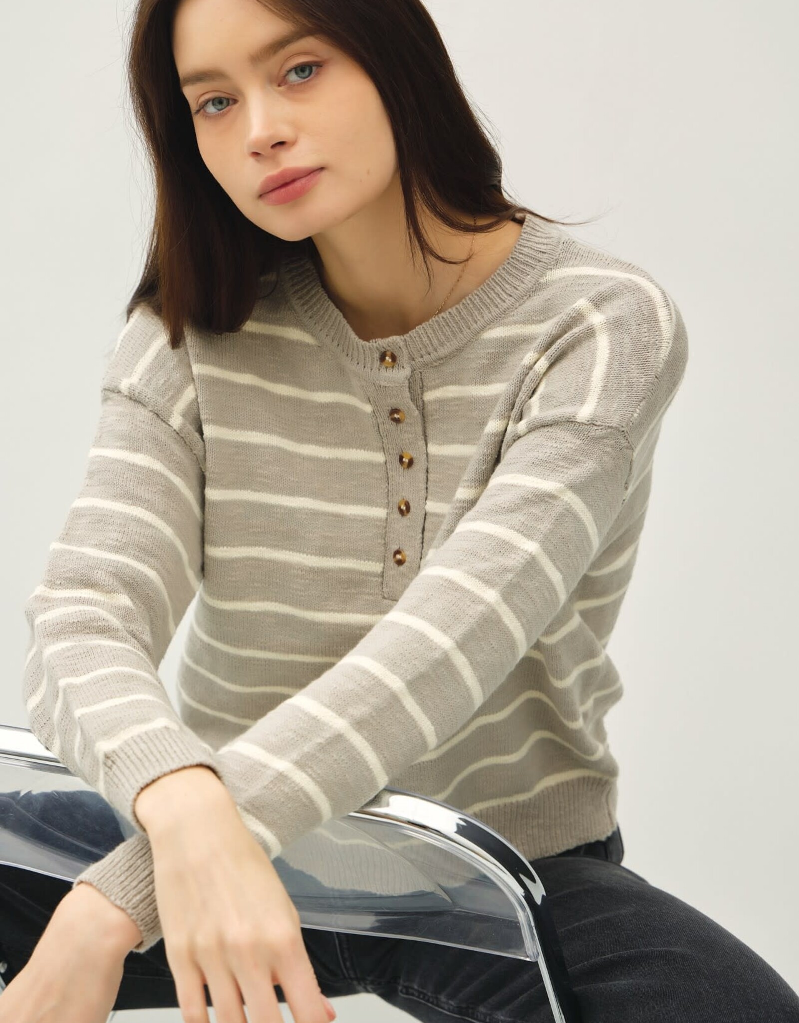 Miss Bliss BC Striped Cotton Slub Henley Sweater- Pebble