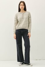 Miss Bliss BC Striped Cotton Slub Henley Sweater- Pebble