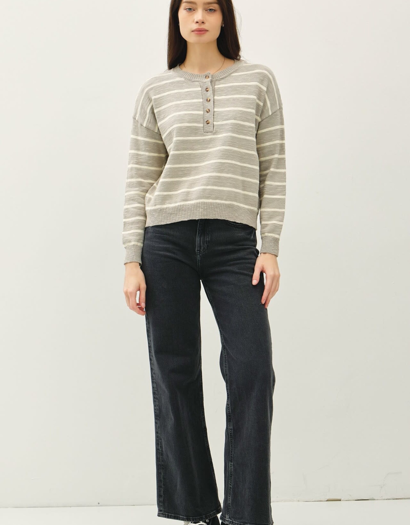 Miss Bliss BC Striped Cotton Slub Henley Sweater- Pebble