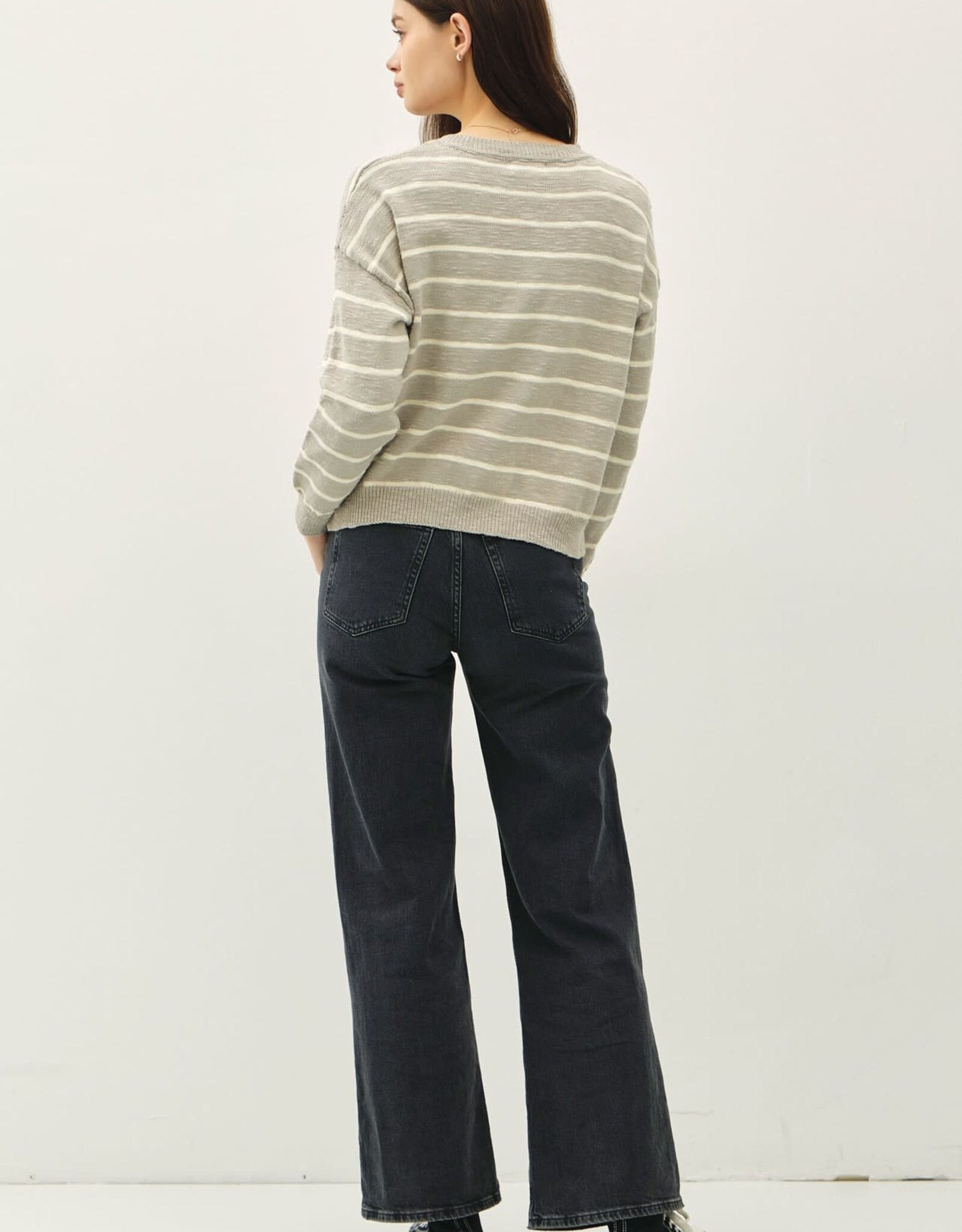 Miss Bliss BC Striped Cotton Slub Henley Sweater- Pebble