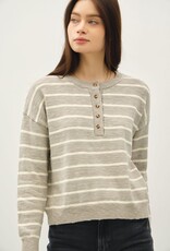 Miss Bliss BC Striped Cotton Slub Henley Sweater- Pebble