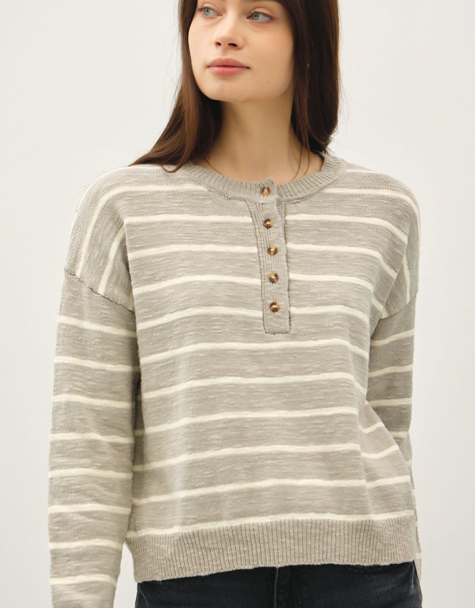 Miss Bliss BC Striped Cotton Slub Henley Sweater- Pebble