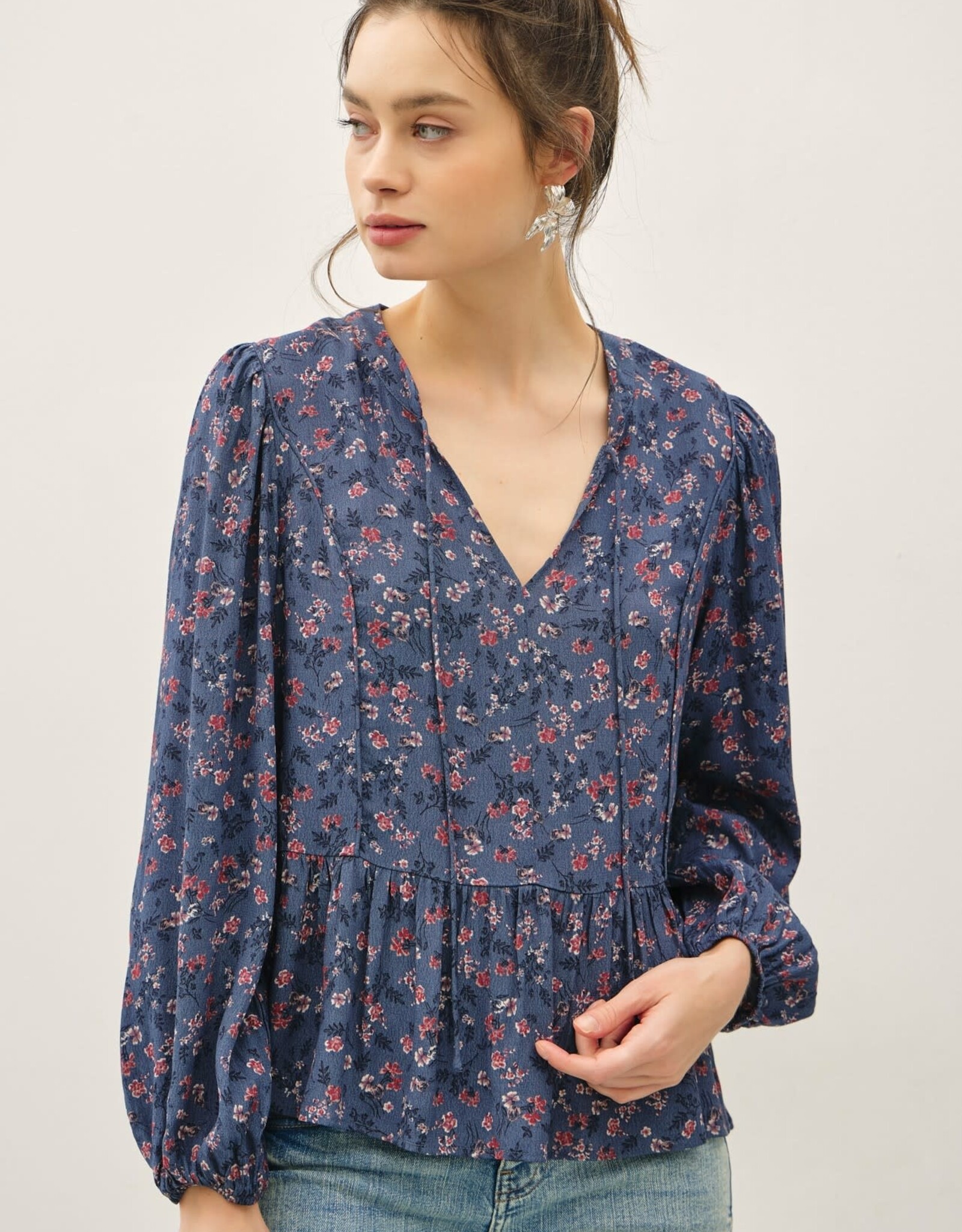 Miss Bliss BC Floral Print V-neck Chiffon Blouse Top- Titan