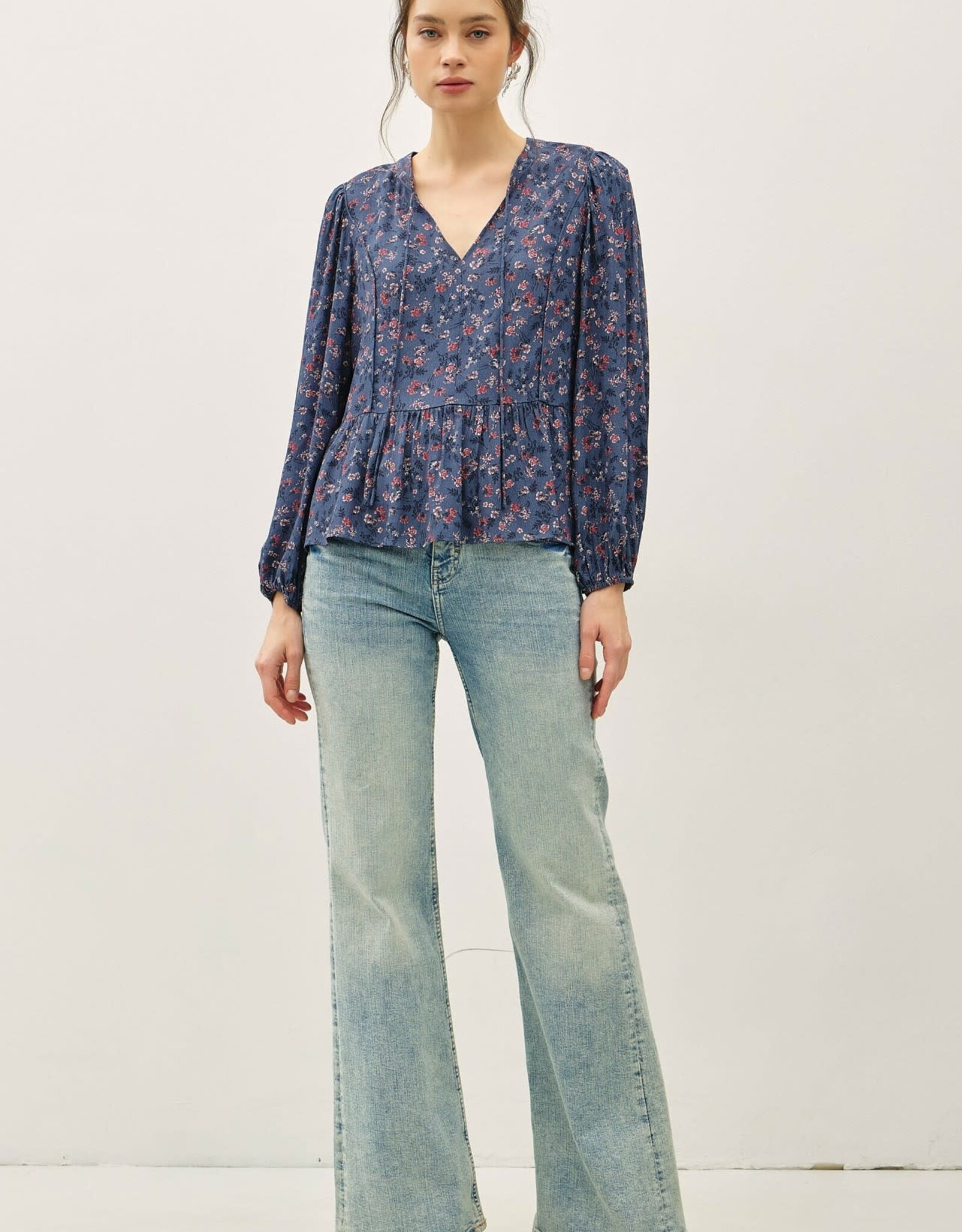 Miss Bliss BC Floral Print V-neck Chiffon Blouse Top- Titan