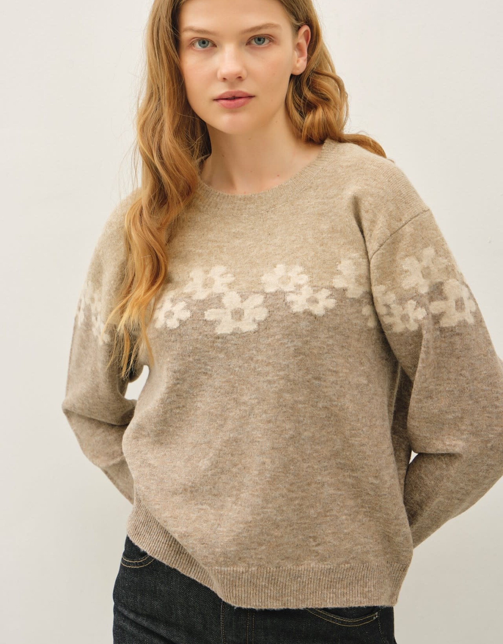 Miss Bliss BC Color Block Floral Jacquard Sweater Top- Mocha