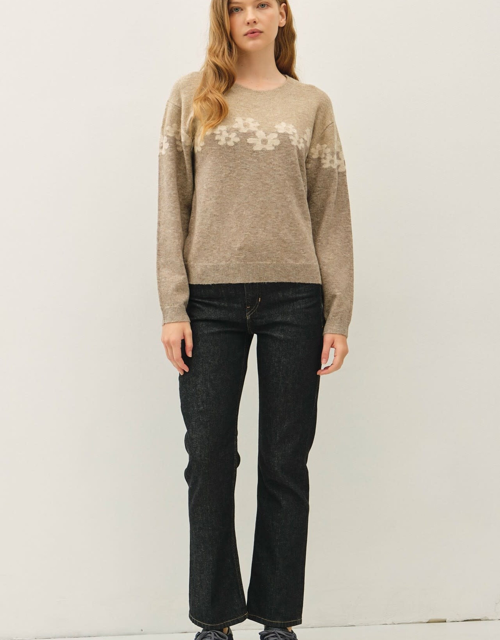 Miss Bliss BC Color Block Floral Jacquard Sweater Top- Mocha