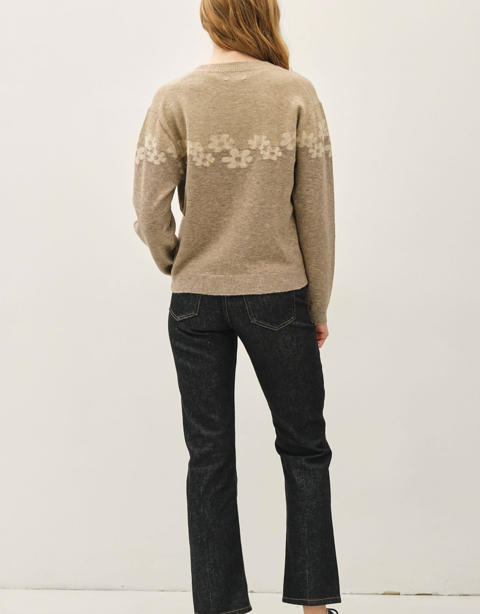 Miss Bliss BC Color Block Floral Jacquard Sweater Top- Mocha