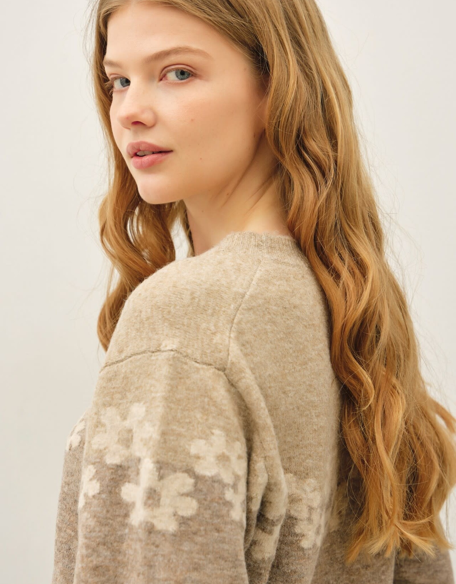 Miss Bliss BC Color Block Floral Jacquard Sweater Top- Mocha