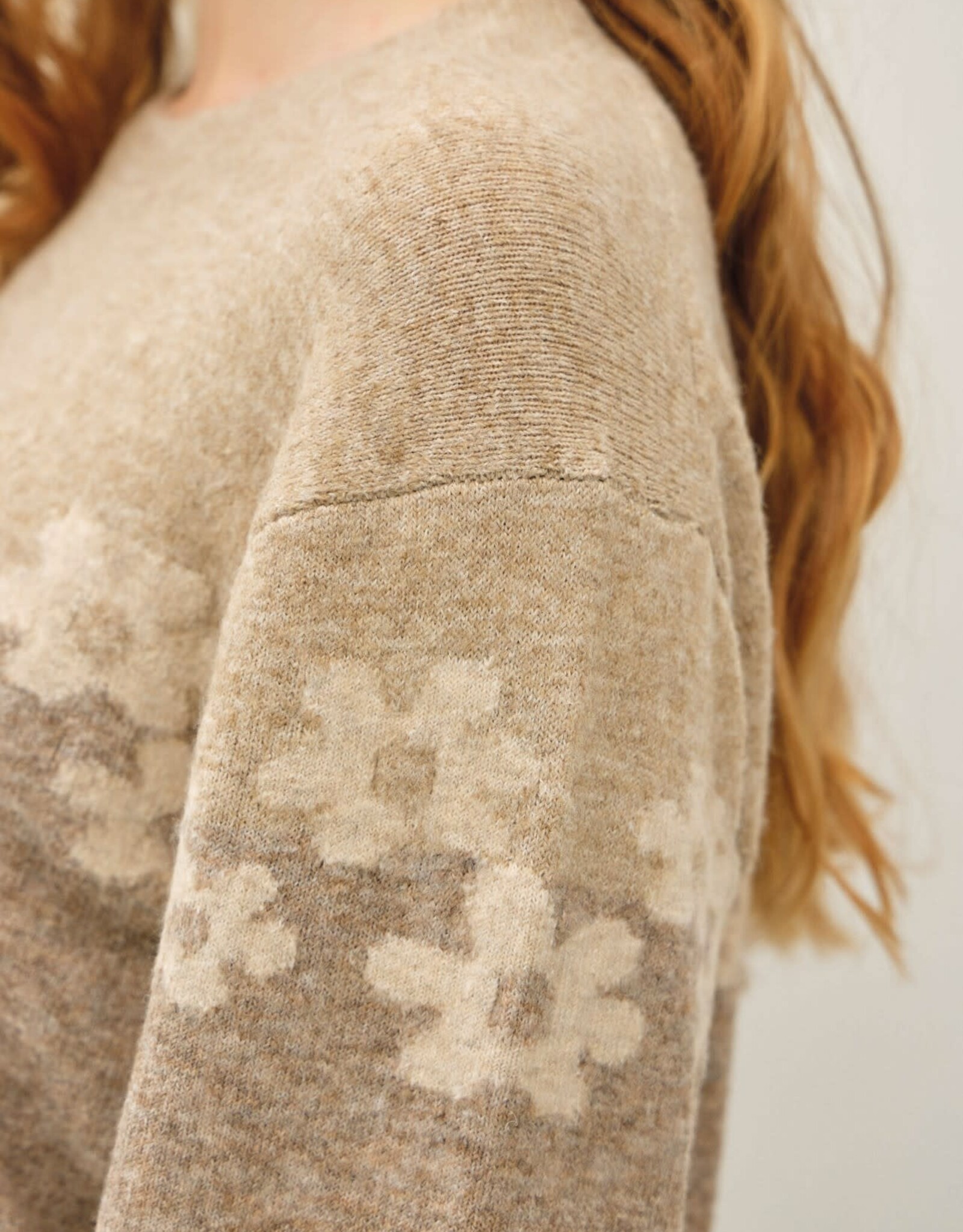 Miss Bliss BC Color Block Floral Jacquard Sweater Top- Mocha