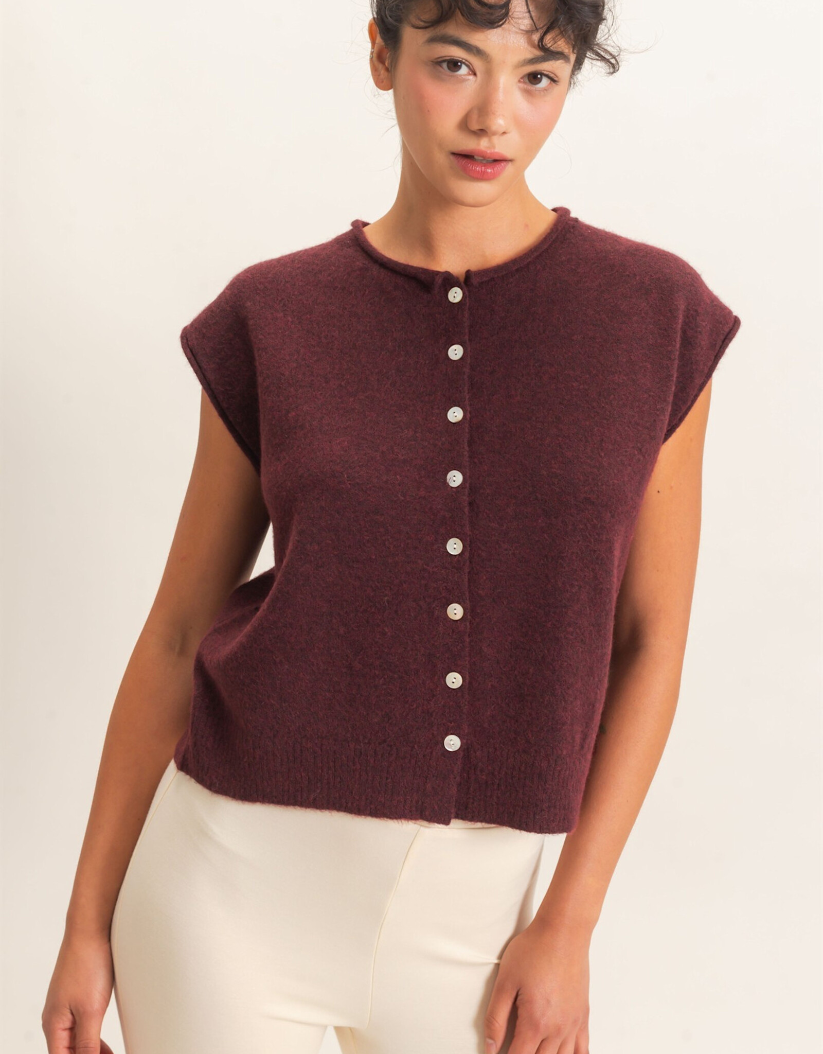 Miss Bliss HYFVE Rolled Edge Buttn Front Swtr Vest-Burgundy