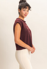 Miss Bliss HYFVE Rolled Edge Buttn Front Swtr Vest-Burgundy