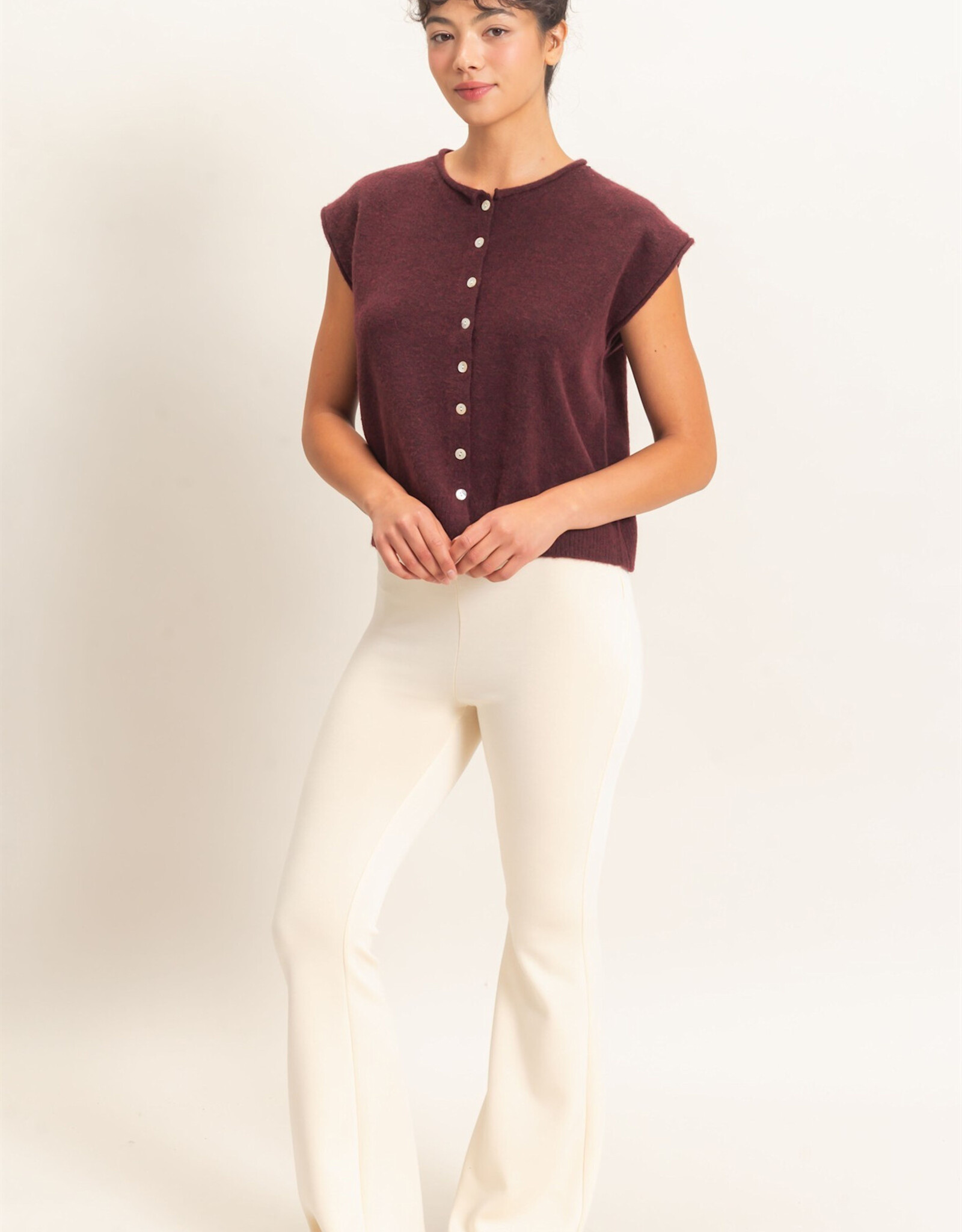 Miss Bliss HYFVE Rolled Edge Buttn Front Swtr Vest-Burgundy