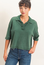 Miss Bliss Mineral Wash Oversized Collar SS Top-Dk Green