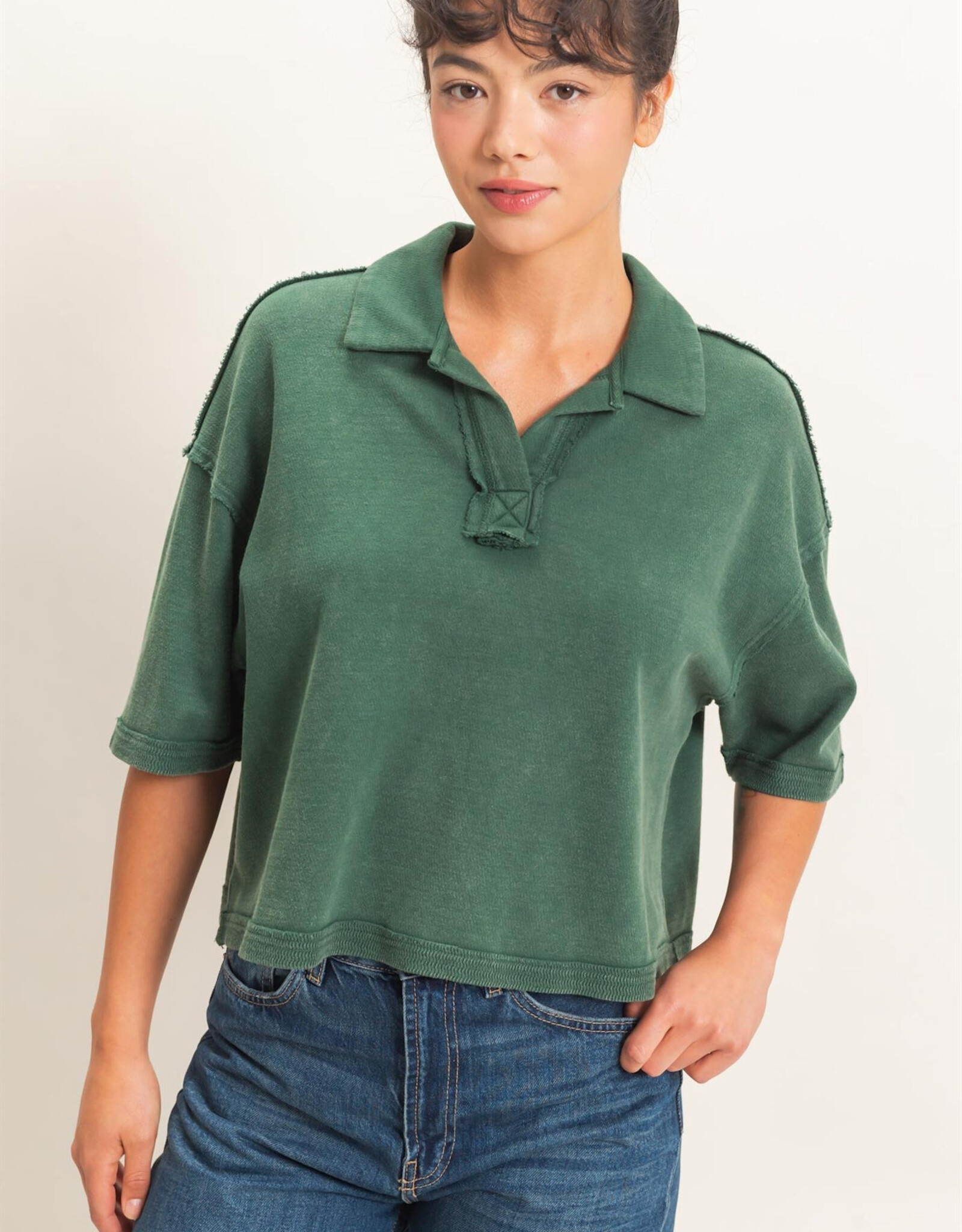 Miss Bliss Mineral Wash Oversized Collar SS Top-Dk Green