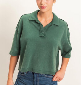 Miss Bliss Mineral Wash Oversized Collared Top-Dark Green