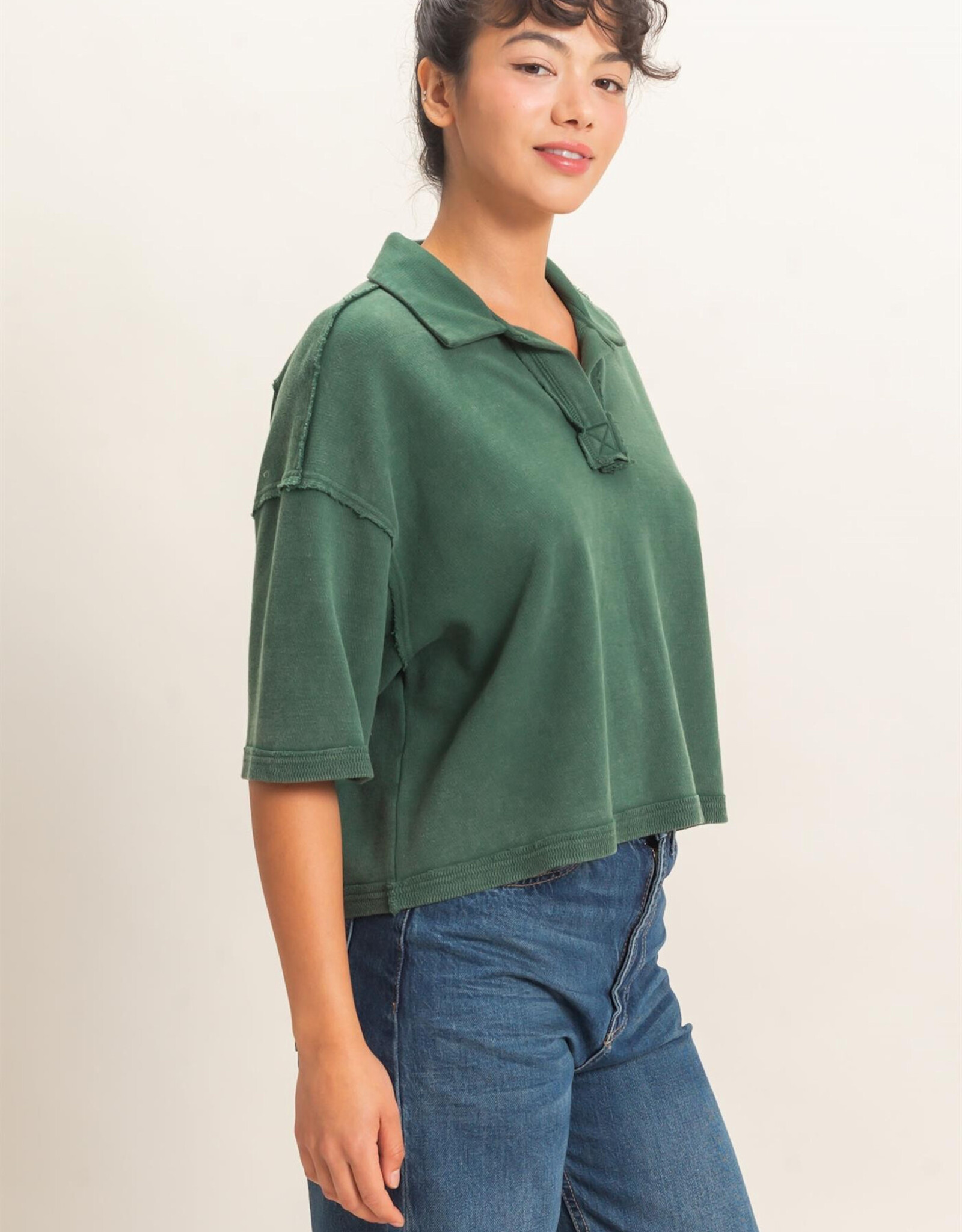 Miss Bliss Mineral Wash Oversized Collar SS Top-Dk Green