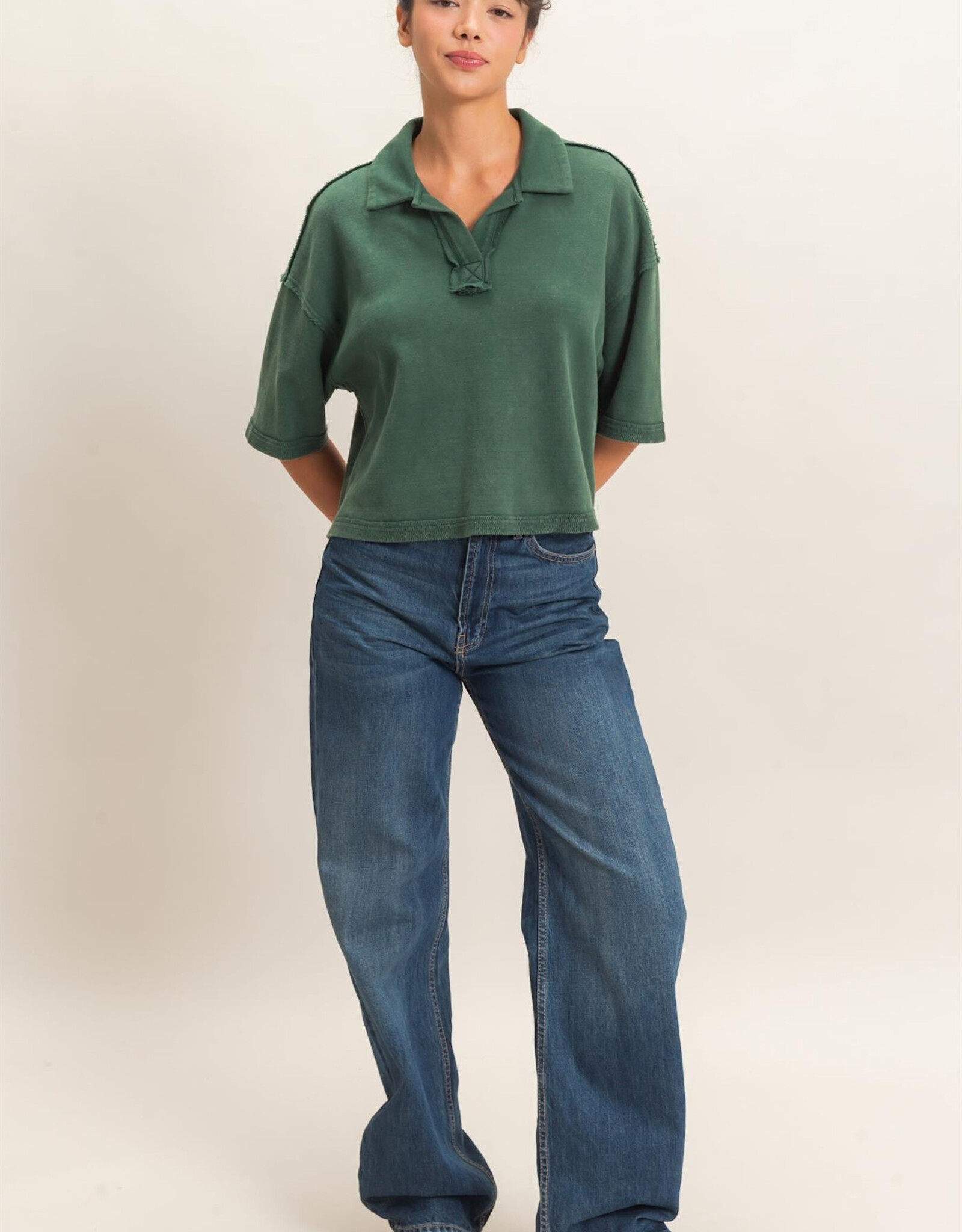 Miss Bliss Mineral Wash Oversized Collar SS Top-Dk Green