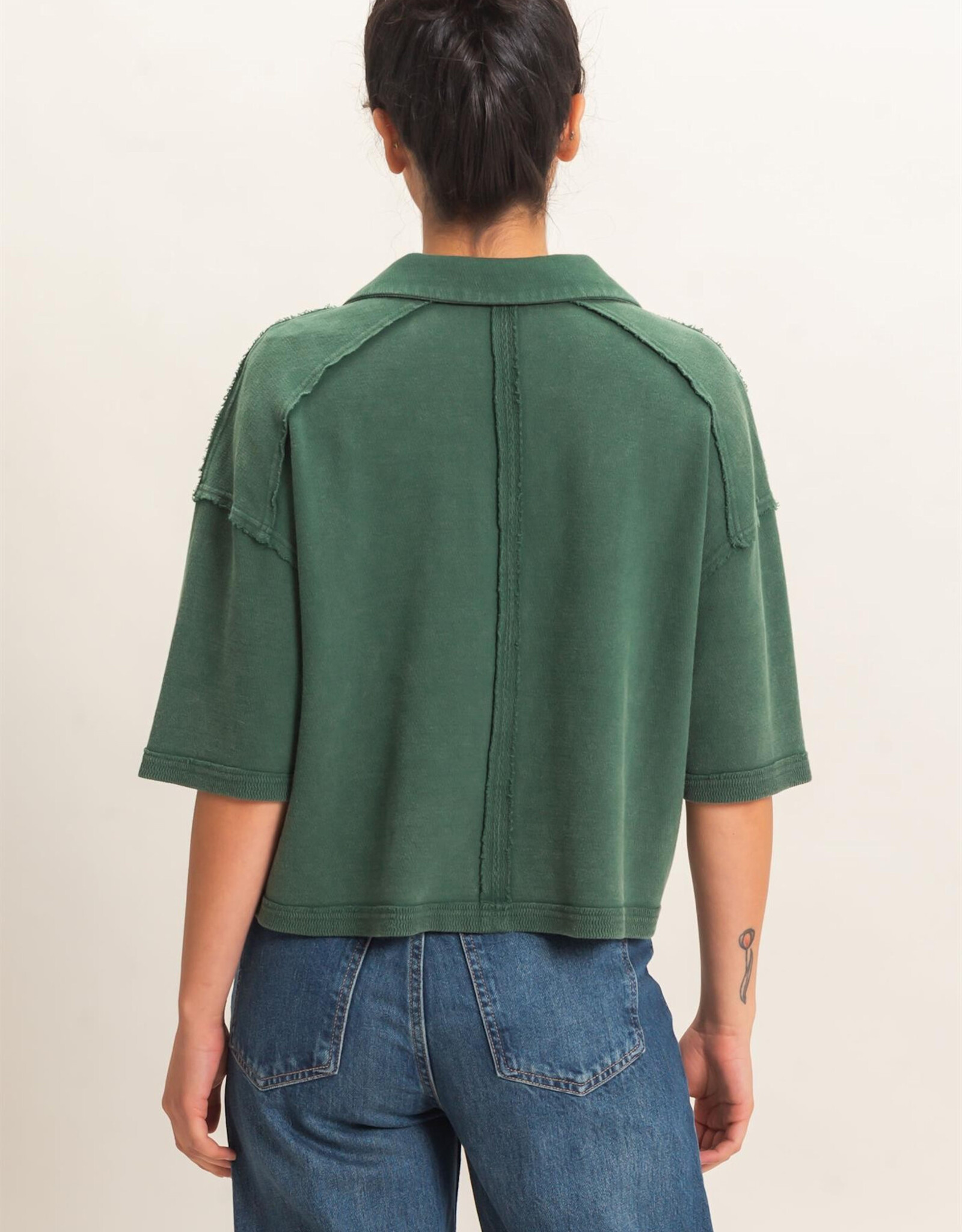 Miss Bliss Mineral Wash Oversized Collar SS Top-Dk Green