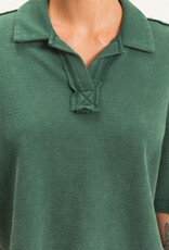 Miss Bliss Mineral Wash Oversized Collar SS Top-Dk Green
