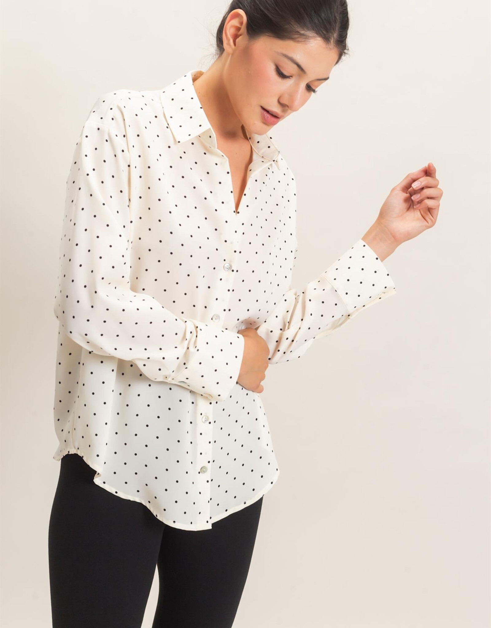 Miss Bliss HYFVE Button-up Polka Dot LS Shirt-Cream