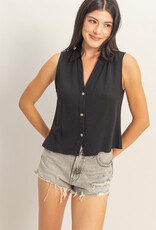 Miss Bliss HYFVE Slvls Lyocell Linen Button Front Top-Black